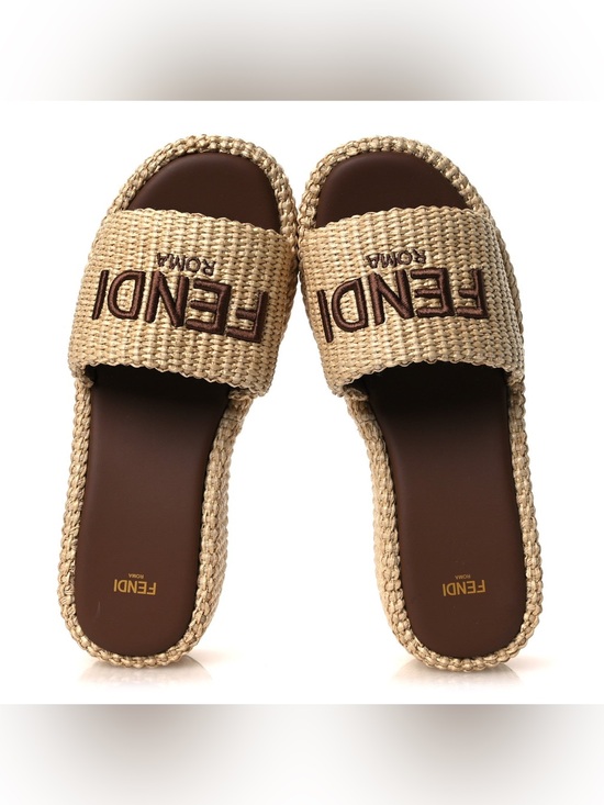 Fendi Shoes - Fendi Beige Woven Slide Sandals with Brown Footbed